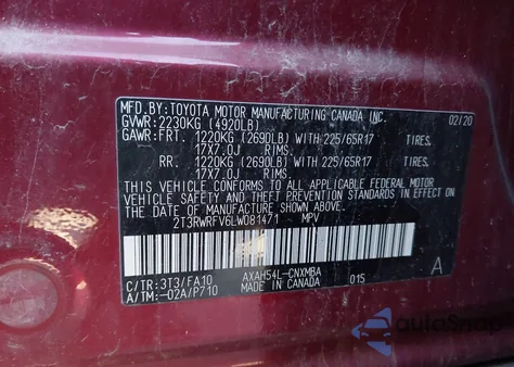 2020 Toyota Rav4 Hybrid Xle from USA, damaged, VIN 2T3RWRFV6LW081471